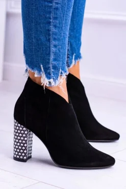 Discount Laura Messi Czarne Eleganckie Zamszowe Botki na Słupku 1849