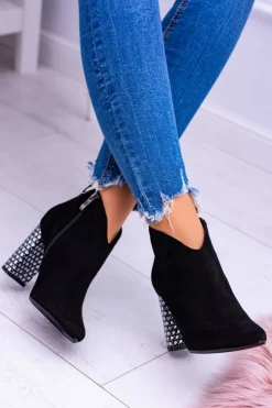 Discount Laura Messi Czarne Eleganckie Zamszowe Botki na Słupku 1849