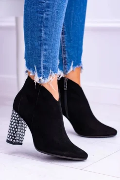 Discount Laura Messi Czarne Eleganckie Zamszowe Botki na Słupku 1849