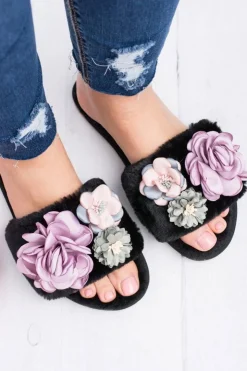 Sale Boto Czarne Klapki Damskie Z Kwiatkami Lu Boo Bouquet