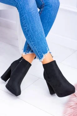 Damskie Boto Czarne Nubukowe Botki na Słupku Emoretto