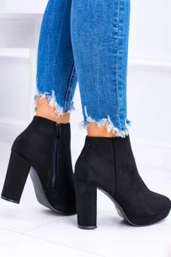 Damskie Boto Czarne Nubukowe Botki na Słupku Emoretto