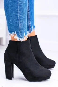 Damskie Boto Czarne Nubukowe Botki na Słupku Emoretto