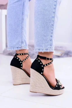 Discount Boto Czarne Sandały Na Koturnie Espadryl Ćwieki Dżety Narumi