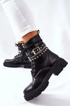 Damskie Boto Czarne Workery Botki z Klamrą Grosstick