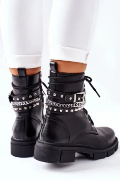 Damskie Boto Czarne Workery Botki z Klamrą Grosstick