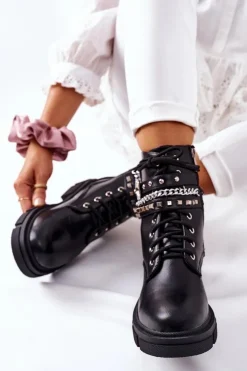 Damskie Boto Czarne Workery Botki z Klamrą Grosstick