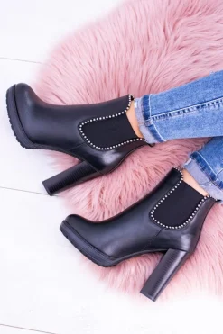 Damskie Boto Czarne Wsuwane Botki Na Słupku Bernatt