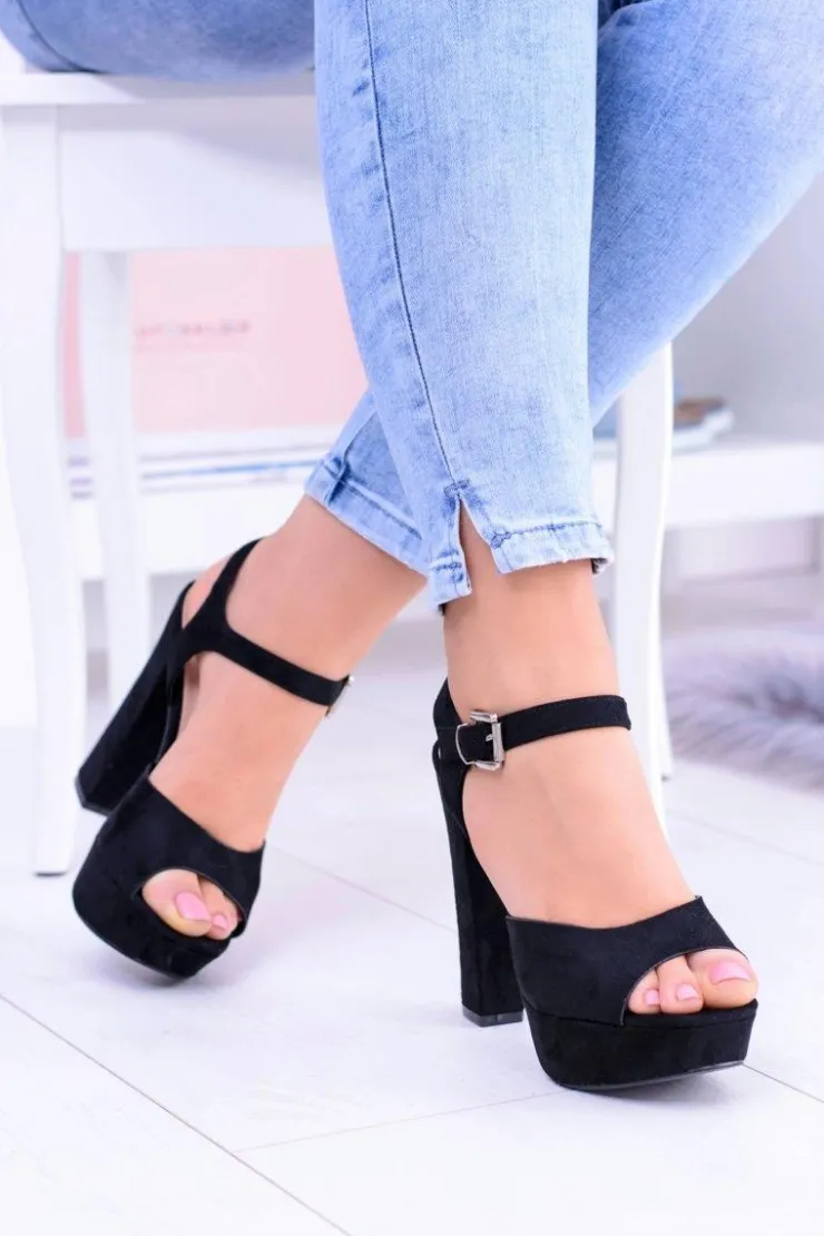 Best Boto Czarne Wysokie Zamszowe Sandałki na Słupku Gertigo