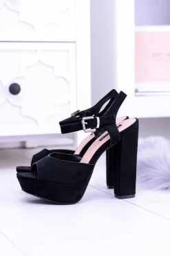 Best Boto Czarne Wysokie Zamszowe Sandałki na Słupku Gertigo