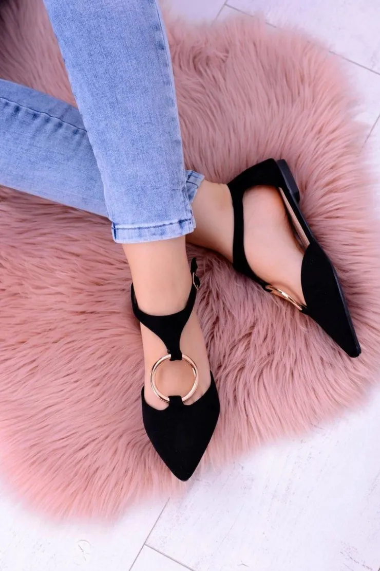 Outlet Boto Czarne Zamszowe Balerinki w Szpic Ciao