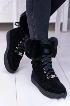 Damskie Boto Czarne Zamszowe Botki LU BOO Timberki z Futrem
