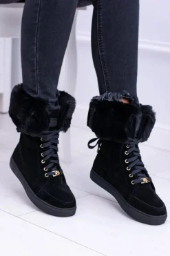 Damskie Boto Czarne Zamszowe Botki LU BOO Timberki z Futrem