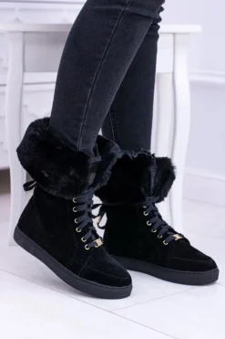 Damskie Boto Czarne Zamszowe Botki LU BOO Timberki z Futrem