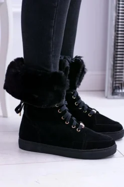 Damskie Boto Czarne Zamszowe Botki LU BOO Timberki z Futrem