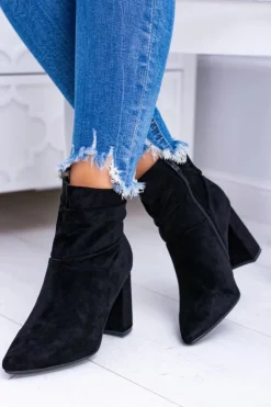 Damskie Boto Czarne Zamszowe Botki Na Słupku Bresci