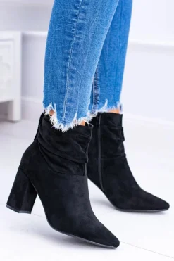 Damskie Boto Czarne Zamszowe Botki Na Słupku Bresci