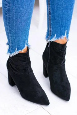 Damskie Boto Czarne Zamszowe Botki Na Słupku Bresci