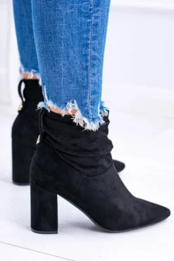 Damskie Boto Czarne Zamszowe Botki Na Słupku Bresci
