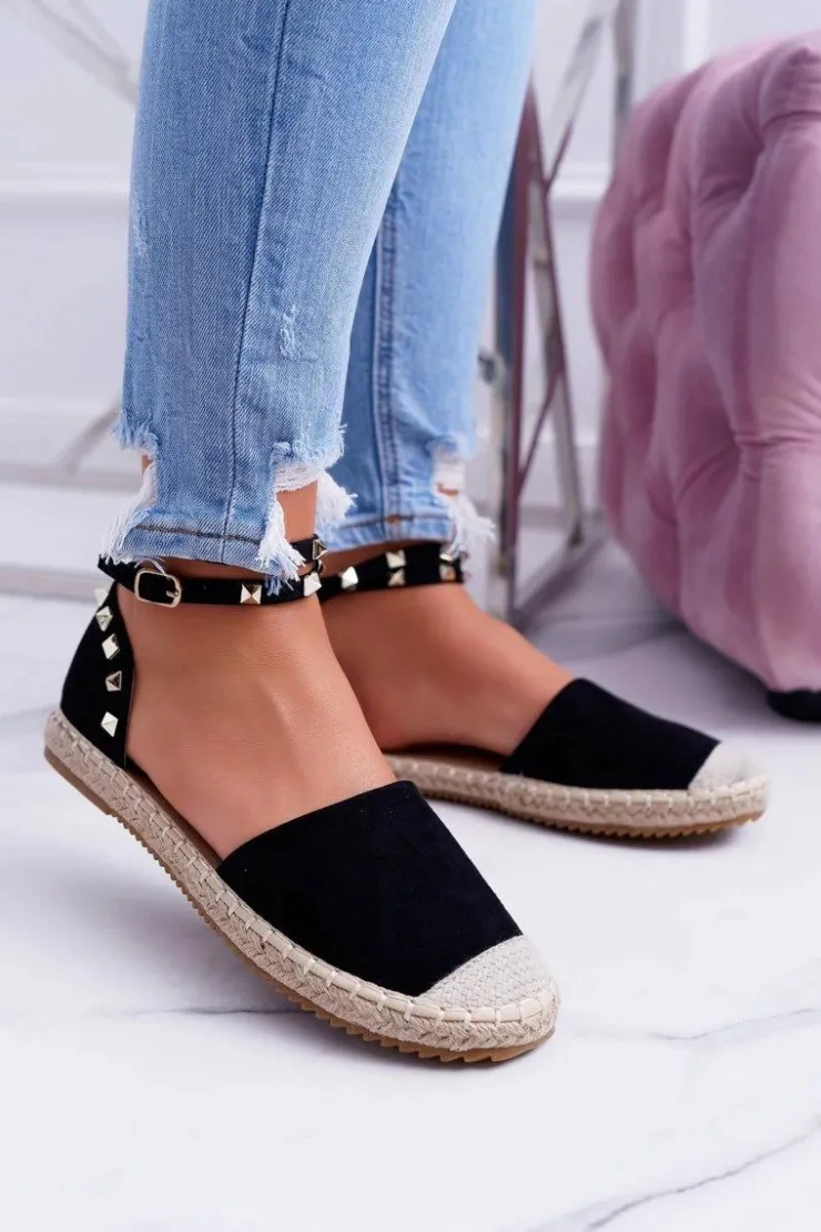 Damskie Boto Czarne Zamszowe Espadryle Balerinki z Ćwiekami Christelle