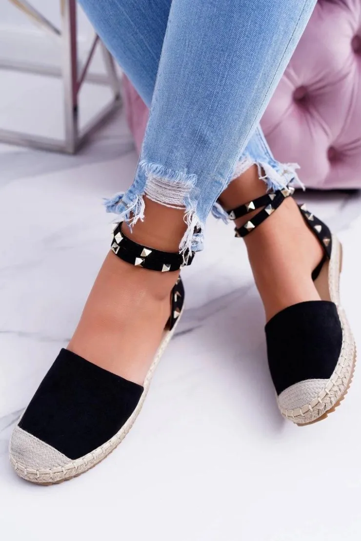 Damskie Boto Czarne Zamszowe Espadryle Balerinki z Ćwiekami Christelle