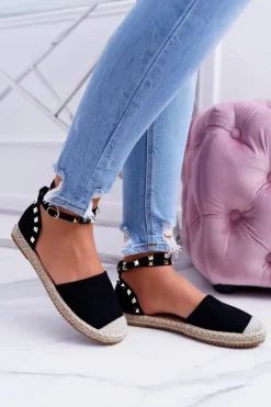 Damskie Boto Czarne Zamszowe Espadryle Balerinki z Ćwiekami Christelle