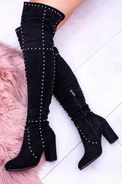 Damskie Boto Czarne Zamszowe Kozaki Za Kolano Muszkieterki Ćwieki Almo