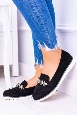 Damskie Boto Czarne Zamszowe Mokasyny z Kryształami Vivaro