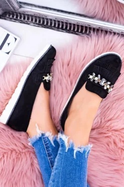 Damskie Boto Czarne Zamszowe Mokasyny z Kryształami Vivaro