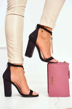 Damskie Boto Czarne Zamszowe Sandałki na Słupku z Frędzlem Annick