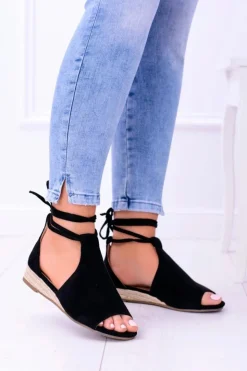 Boto Sandały Płaskie*Czarne Zamszowe Sandały na Lekkim koturnie Espanoso