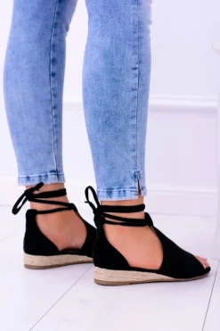 Boto Sandały Płaskie*Czarne Zamszowe Sandały na Lekkim koturnie Espanoso