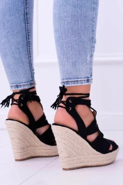 Damskie Boto Czarne Zamszowe Sandały Na Koturnie Nowelio