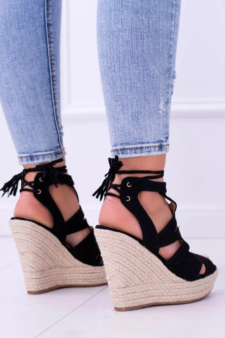 Damskie Boto Czarne Zamszowe Sandały Na Koturnie Nowelio