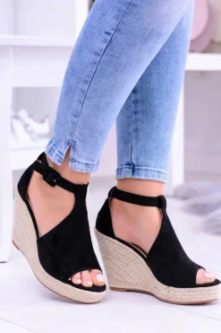 Damskie Boto Czarne Zamszowe Sandały Na Koturnie Sunlast