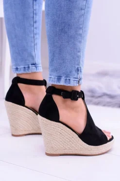 Damskie Boto Czarne Zamszowe Sandały Na Koturnie Sunlast