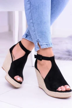 Damskie Boto Czarne Zamszowe Sandały Na Koturnie Sunlast