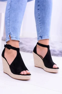 Damskie Boto Czarne Zamszowe Sandały Na Koturnie Sunlast