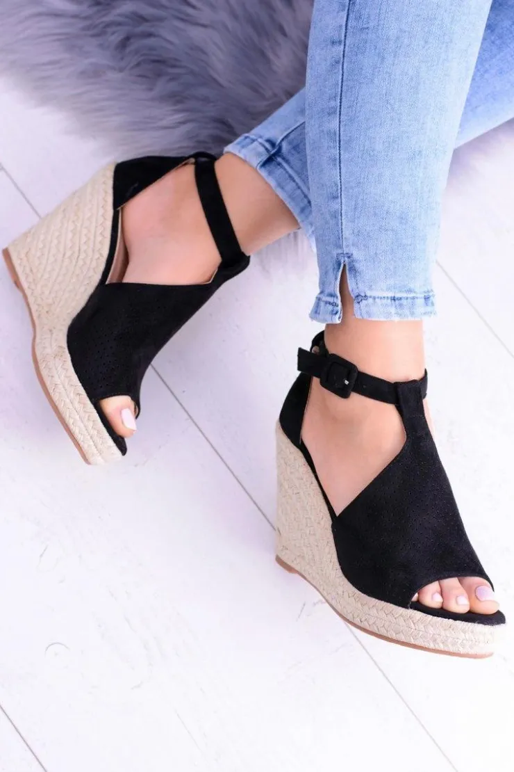 Damskie Boto Czarne Zamszowe Sandały Na Koturnie Sunlast