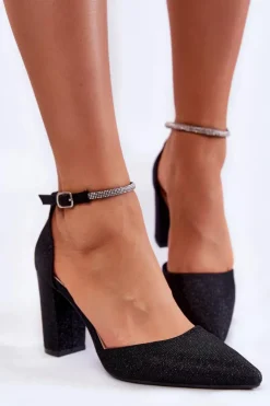 Damskie Boto Czółenka Błyszczące Na Obcasie Z Dżetami Czarne Castor