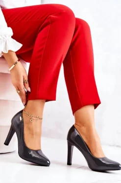 Online Buty Sergio Leone Czółenka Damskie Lakierowane Na Słupku Ciemnoszare Campbell