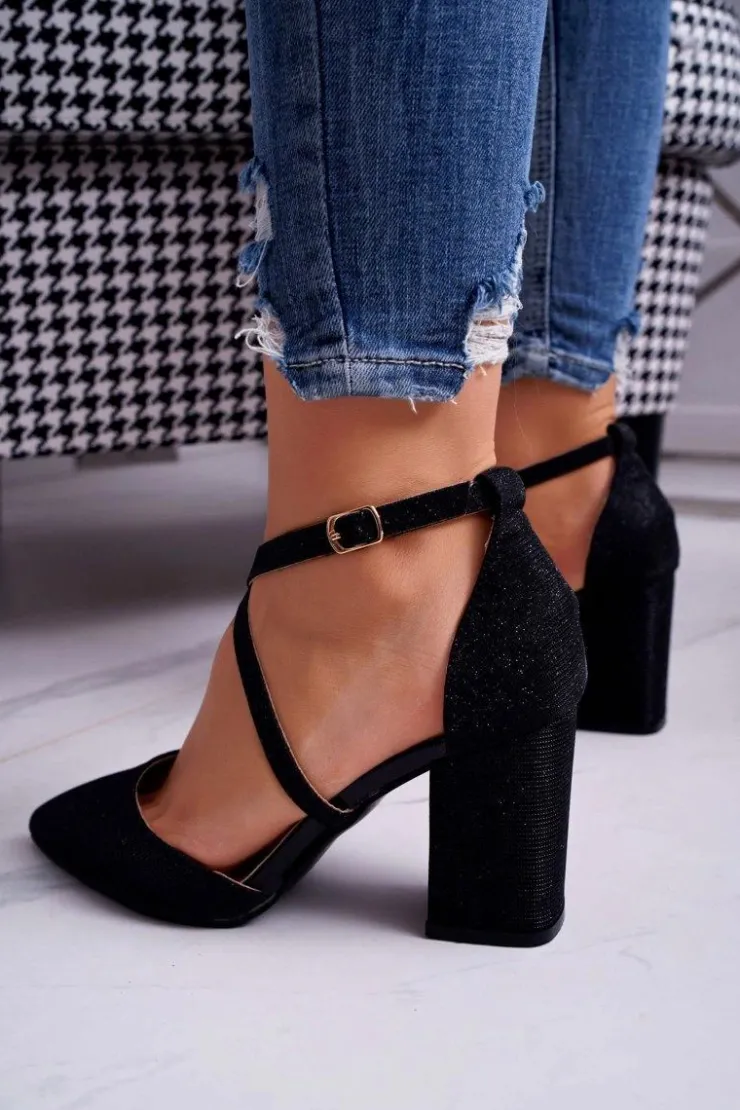 Damskie Boto Czółenka Damskie Na Słupku Brokatowe Czarne Perset