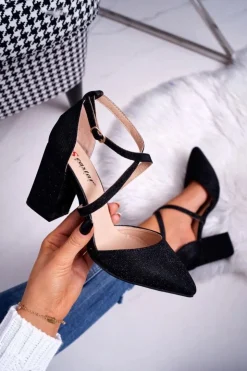 Sale Boto Czółenka Damskie Na Słupku Brokatowe Czarne Trever