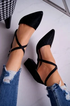 Sale Boto Czółenka Damskie Na Słupku Brokatowe Czarne Trever