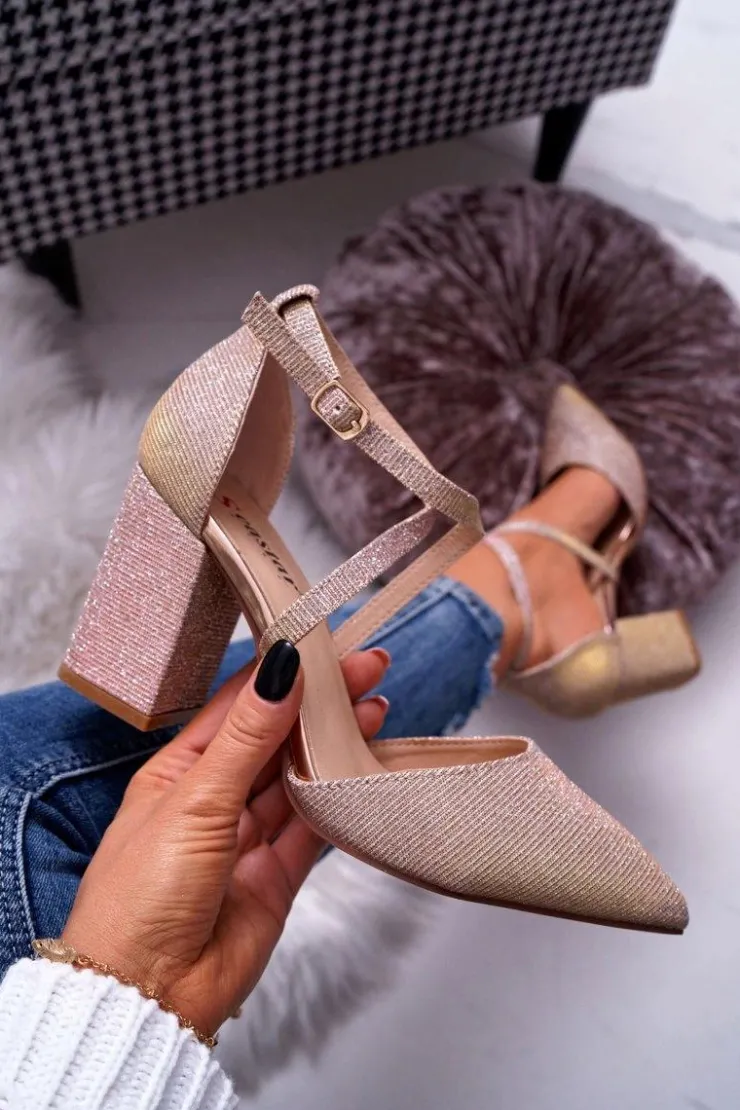 Damskie Boto Czółenka Damskie Na Słupku Brokatowe Champagne Trever