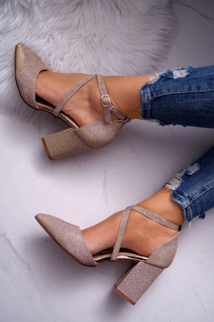 Damskie Boto Czółenka Damskie Na Słupku Brokatowe Champagne Trever