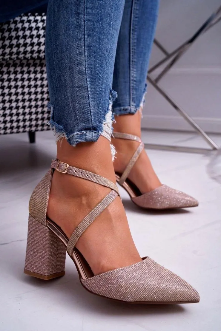 Damskie Boto Czółenka Damskie Na Słupku Brokatowe Champagne Trever