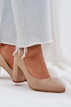 Boto Czółenka Zamszowe|Czółenka Na Słupku*Czółenka Damskie Na Słupku Eko Zamszowe Ciemnobeżowe Florena Beżowy