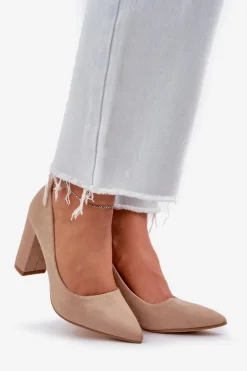 Boto Czółenka Zamszowe|Czółenka Na Słupku*Czółenka Damskie Na Słupku Eko Zamszowe Ciemnobeżowe Florena Beżowy