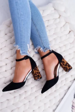 Best Boto Czółenka Damskie Na Słupku Panterki Czarne Ferri